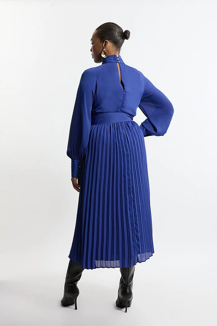 Plus Size Pleated Woven Belted Tie Neck Maxi Shirt Dress Plus Size Pleated Woven Belted Tie Neck Maxi Shirt Dress